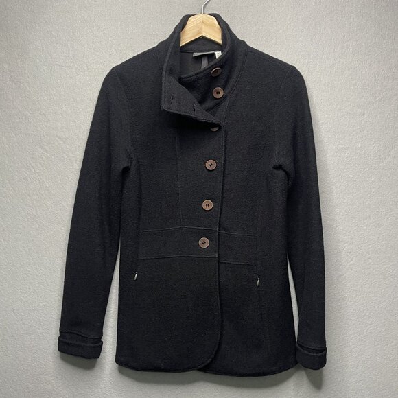 Womens Ibex Wool Jacket Black Size S Made In USA With Button Front & High Collar - Picture 2 of 6